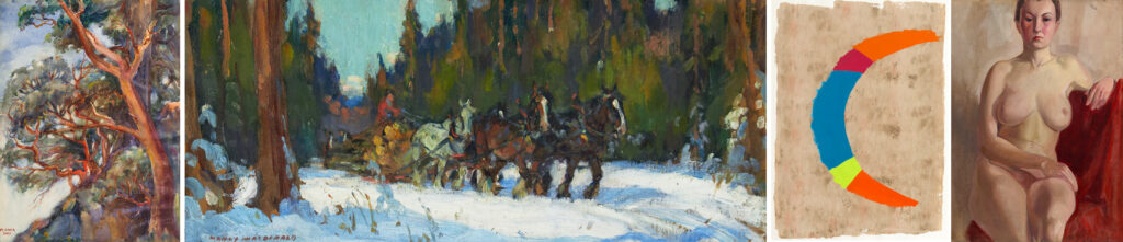 (Left to Right) Emily Carr, "Arbutus Trees"; Manly Macdonald, "Logging Scene"; Jack Bush, "Quarter Moon"; John Lyman, "Portrait of Marcelle"