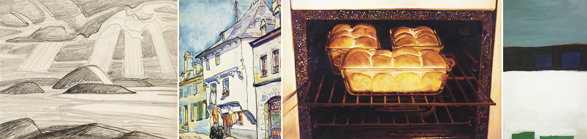 (L to R) Lawren Harris, Lake Superior; Emily Carr, European Scene; Mary Pratt, Baking Bread; Michael Snow, Off Minor (Left to Right) Lawren Harris, Lake Superior (I.D. 463); Emily Carr, European Street Scene; Mary Pratt, Baking Bread; Michael Snow, Off Minor (1958)